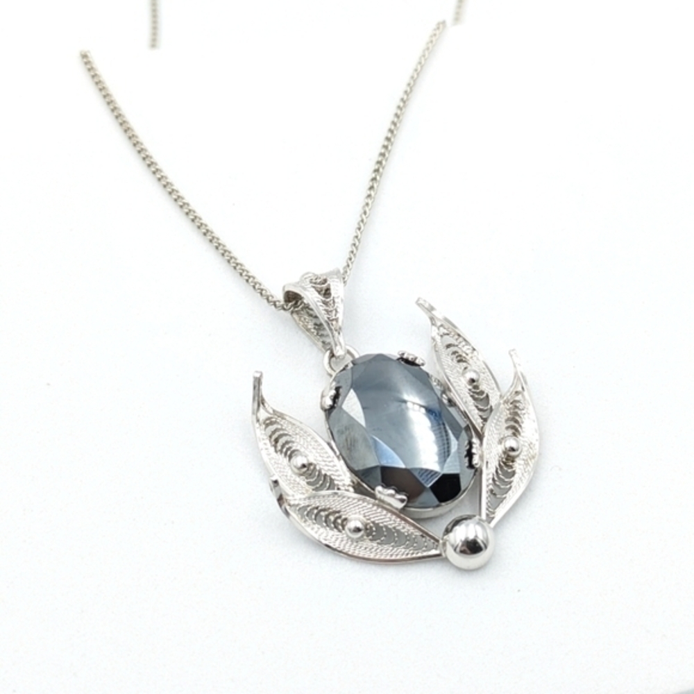 Vintage Designer Signed Sorrento Hematite Filigree Sterling Silver Necklace